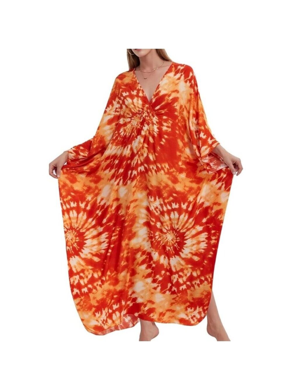 Women Orange Tie Dye V-neck Batwing Sleeve Flowy Split Hem Bohemian Kaftan Dress